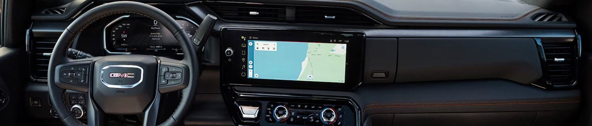 2026 GMC Sierra 2500 HD infotainment in Quincy IL showing 13.4-inch touchscreen, navigation, Apple CarPlay, Android Auto, and trailering information